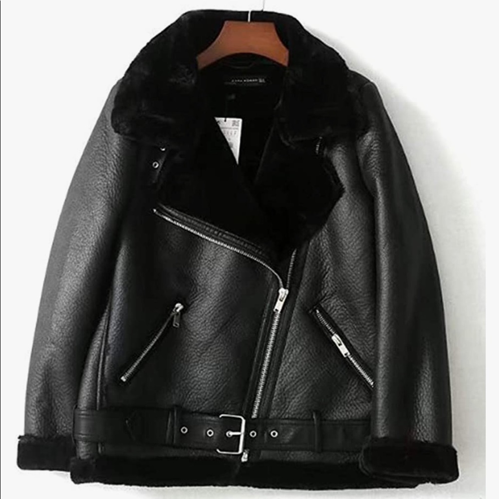 Faux Shearling/Leather Moto Jacket Thick Lined Parka Winter size L